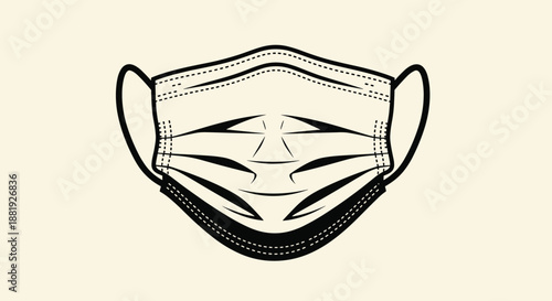 Simple black and white line drawing of a medical face mask, showing the pleats and ear loops for a clean health safety illustration.