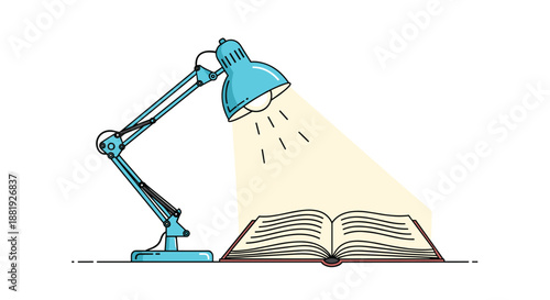 Blue desk lamp illuminating an open book on a flat surface, symbolizing reading, education, learning, and late-night study sessions.