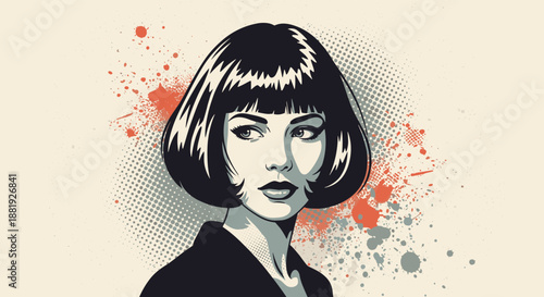 Glamorous woman with short black bob and red lips is depicted in a retro pop art style against a beige background with orange splatters.