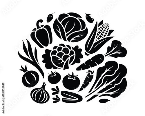 black silhouette of various vegetables on white background