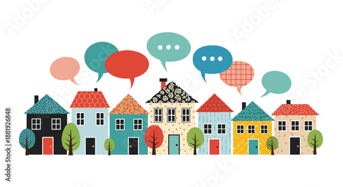 Row of charming colorful houses with different patterns, each featuring a speech bubble above it to suggest community communication.