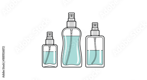 Collection of three transparent spray bottles in different sizes filled with light blue liquid shown in a clean line art style on white.