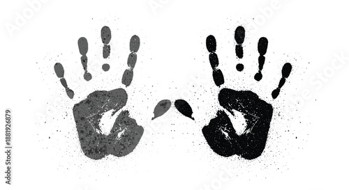 Gritty handprint impressions in black and gray created with a textured paint effect on a clean white background with splatters.