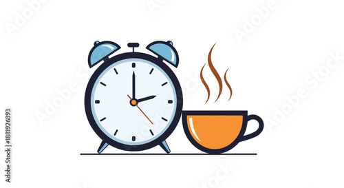 Morning routine illustration featuring a classic blue alarm clock showing three o clock next to a steaming hot cup of coffee or tea.
