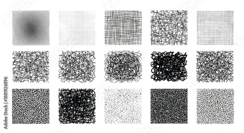 Grid of fifteen abstract grunge textures and scribble patterns in black and white, perfect for adding artistic depth to graphic designs.