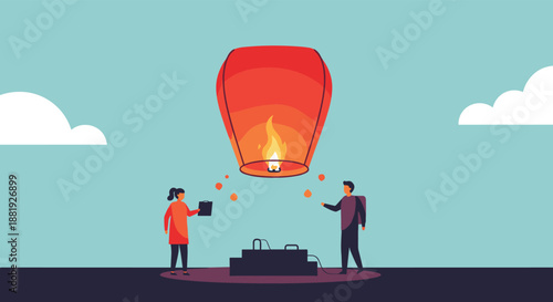 Couple launching a red paper lantern into the sky during a festival in a minimalist flat vector illustration with soft blue clouds.