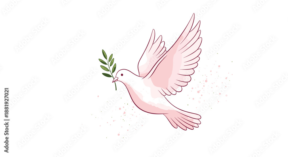 Obraz premium Graceful white peace dove flying with a green olive branch in its beak, featuring soft pink watercolor splashes and a clean white background.