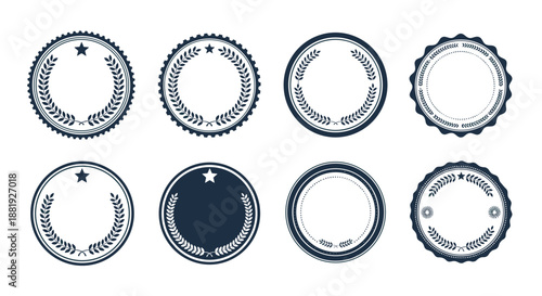 Eight dark navy blue circular laurel wreath seals and frames with various decorative border styles on a white background.