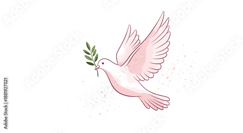 Graceful white peace dove flying with a green olive branch in its beak, featuring soft pink watercolor splashes and a clean white background.