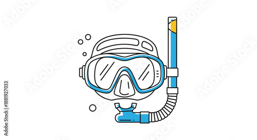 Scuba diving gear illustration with a mask, snorkel, and air bubbles, colored in bright blue and yellow on a plain white background.