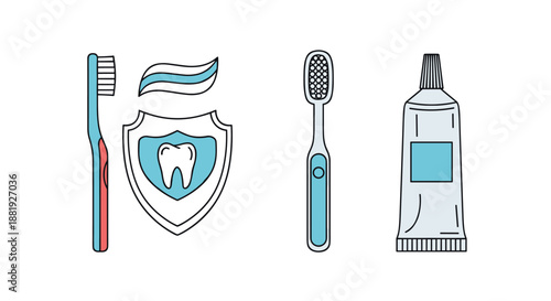 Dental health and oral hygiene set featuring toothbrushes, a tube of toothpaste, and a protective tooth shield symbol in blue tones.