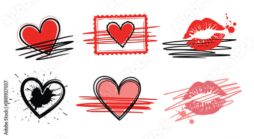 Creative set of romantic heart and lip illustrations with expressive black scribbles, red paint strokes, and grunge texture elements.