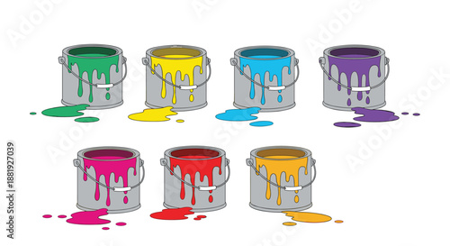 Array of seven paint cans with various colors of dripping paint and colorful puddles, representing creativity and artistic expression.