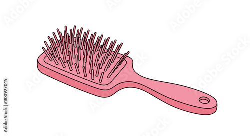 Simple pink hairbrush with black bristles, viewed from an angle to show its design, perfect for beauty and personal grooming themes.