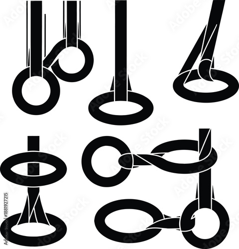 Black silhouette set of professional gymnastic rings and adjustable suspension training gear isolated on white background for strength and fitness exercise.