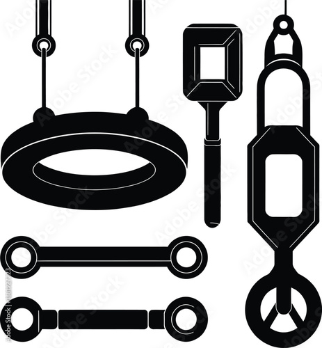 Black silhouette set of gymnastic rings and heavy duty suspension training equipment isolated on white background for core workout and fitness exercise.