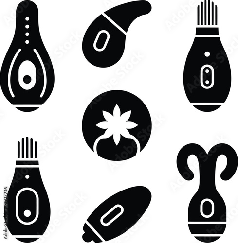 Black silhouette set of electronic handheld massagers and personal beauty care gadgets isolated on white background for health and body relaxation.