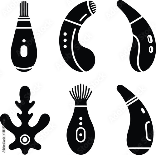 Black silhouette set of electronic handheld massagers and personal beauty care gadgets isolated on white background for health and body relaxation.