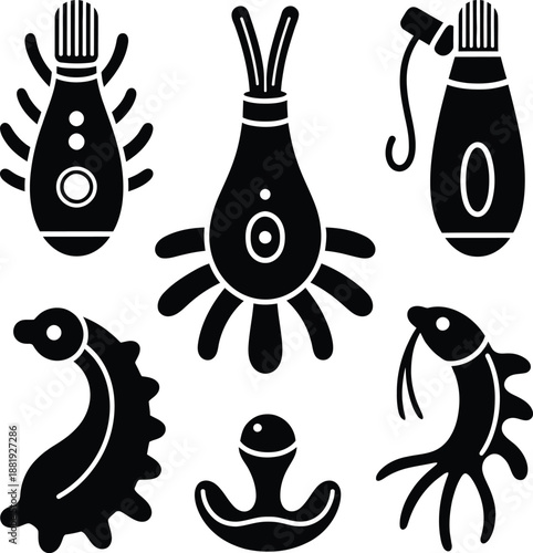 Black silhouette set of handheld electronic wellness gadgets and personal massager icons isolated on white background for health and body relaxation.