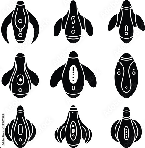 Black silhouette collection of electronic wellness gadgets and personal handheld massagers isolated on white background for health and relaxation.