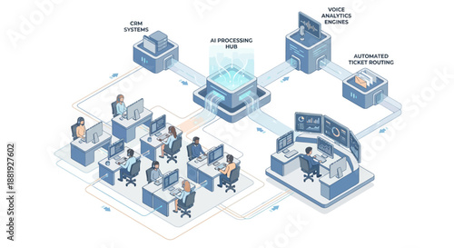 Isometric AI Contact Center Illustration showing Customer Support Operators, CRM Systems, Voice Analytics, and Automated Ticket Routing for Modern Business Communication and Tech Solutions