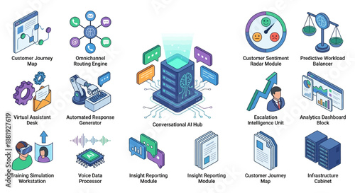 Isometric AI Contact Center and Customer Experience Illustration Set for SaaS, Featuring Chatbots, Data Analytics, Virtual Assistants, and Omnichannel Support Icons on White Background