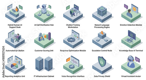 Isometric AI Contact Center and Customer Service Automation Icon Set with Chatbot, Voice Recognition, Data Analytics, and Virtual Assistant for Help Desk SaaS and Digital Transformation