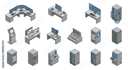 Isometric AI Contact Center and Customer Support Equipment Set with Server Racks, Multi-Monitor Workstations, Headsets, and Data Dashboards for IT Infrastructure and Business Presentation