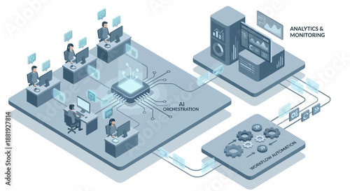 Isometric AI Contact Center Illustration featuring Customer Support Agents, Workflow Automation, and Analytics Monitoring. Modern Blue Tech Concept for Business Digital Transformation.