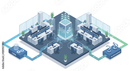 Isometric AI Contact Center and Customer Service Hub with Automated CRM, Robotic Process Automation, and Smart Office Workstations for Digital Transformation and Data Management