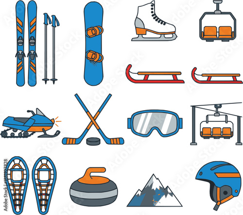 Professional winter sports icons. Detailed vector set featuring skis, snowboards, and ice skates. High-quality blue and orange graphics isolated on white background.