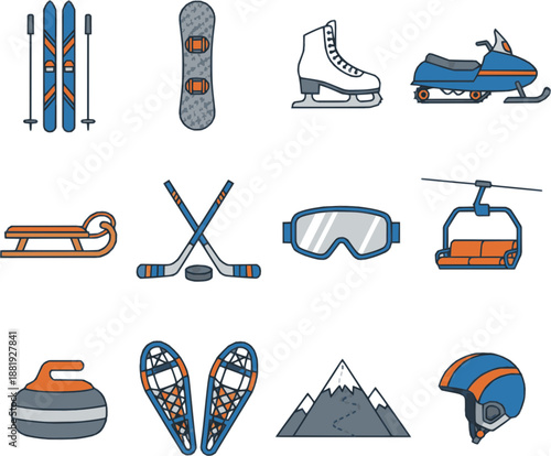 Professional winter sports icons. Detailed vector set featuring skis, snowboards, and ice skates. High-quality blue and orange graphics isolated on white background.