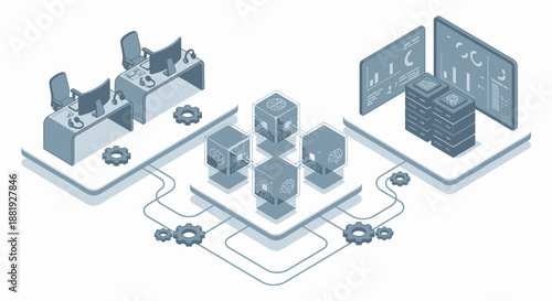 Isometric AI Contact Center Concept with Automated Support Desks and Data Server Infrastructure, Blue 3D Illustration for Business Technology and Digital Transformation Solutions