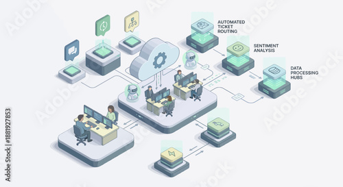 Isometric Artificial Intelligence Contact Center Illustration Featuring Automated Ticket Routing and Sentiment Analysis for Modern Customer Support Digital Transformation
