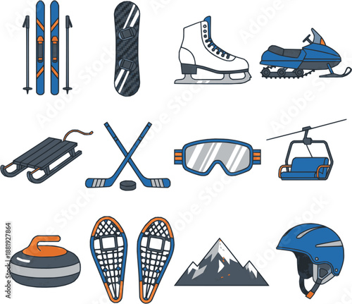Professional winter sports icons. Detailed vector set featuring skis, snowboards, and ice skates. High-quality blue and orange graphics isolated on white background.