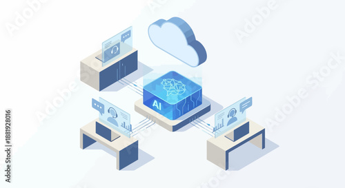 Isometric AI Contact Center and Virtual Customer Service Illustration with Cloud Computing, Automated Support Agents, and Neural Network Concept for Digital Business Transformation