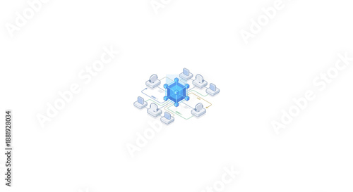 Isometric AI Contact Center and Customer Service Automation Network, 3D Digital Infrastructure for Virtual Call Centers, Artificial Intelligence Support System on White Background