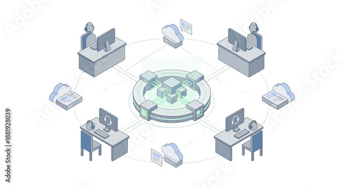 Isometric AI Contact Center Illustration with Virtual Agents and Cloud Server Hub for Customer Support Technology and Digital Communication Solutions