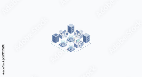 Isometric Artificial Intelligence Contact Center with Automated Customer Service Workstations and Cloud Server Infrastructure for Tech Business Solutions and Data Management