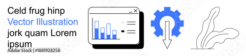 Data analysis, business optimization, technology tools, software settings, productivity, growth strategies. Display of a chart window with a gear icon and abstract shapes. Data analysis and business