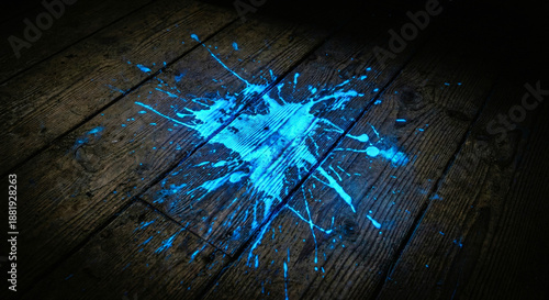 Bild auf Leinwand Glowing Blue Luminol Chemical Splash on Wooden Floor