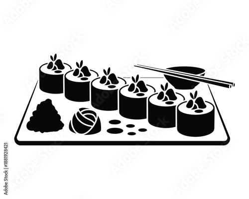 sushi rolls on a plate with chopsticks and bowl