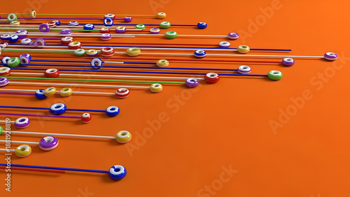 Abstract colorful spheres on lines with motion effect and gradient background, abstract data flow concept