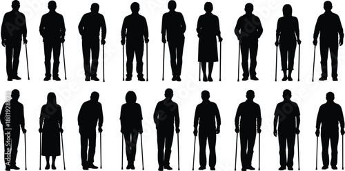 Silhouettes of elderly people using canes in two rows walking aids