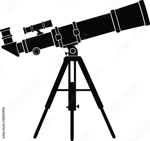 Black and white telescope on a tripod with additional lenses and accessories astronomy