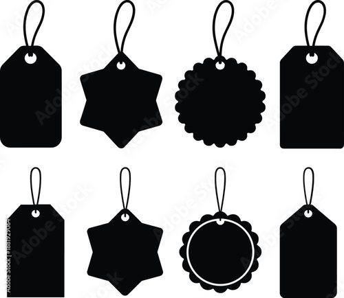 Black Hanging Price Tags and Label Shapes Silhouette Vector Set