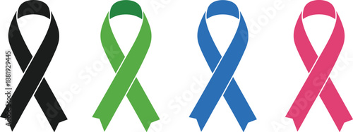 Four colored awareness ribbons black green blue and pink on white background