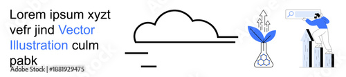 Business success, cloud storage, data growth, analytics, financial progress, strategic planning. Minimalist cloud, growth chart and plant with arrows. Business success and data growth concept