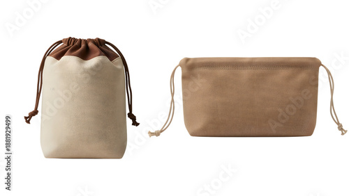 Two fabric bags are displayed, one a drawstring pouch, the other rectangular with a zipper. Both are shades of brown