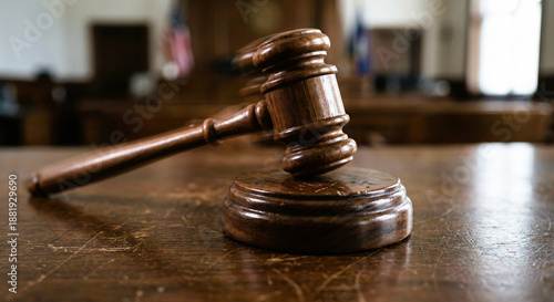 Wooden Judge Gavel on Table in Courtroom Concept